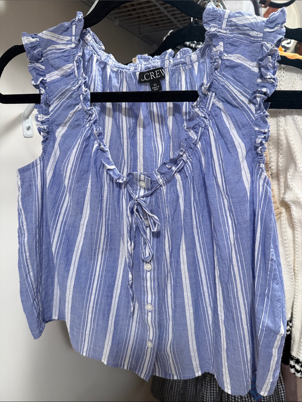 J. Crew 100% cotton Blue and White Striped Ruffle Tie-Front Sleeveless Top
